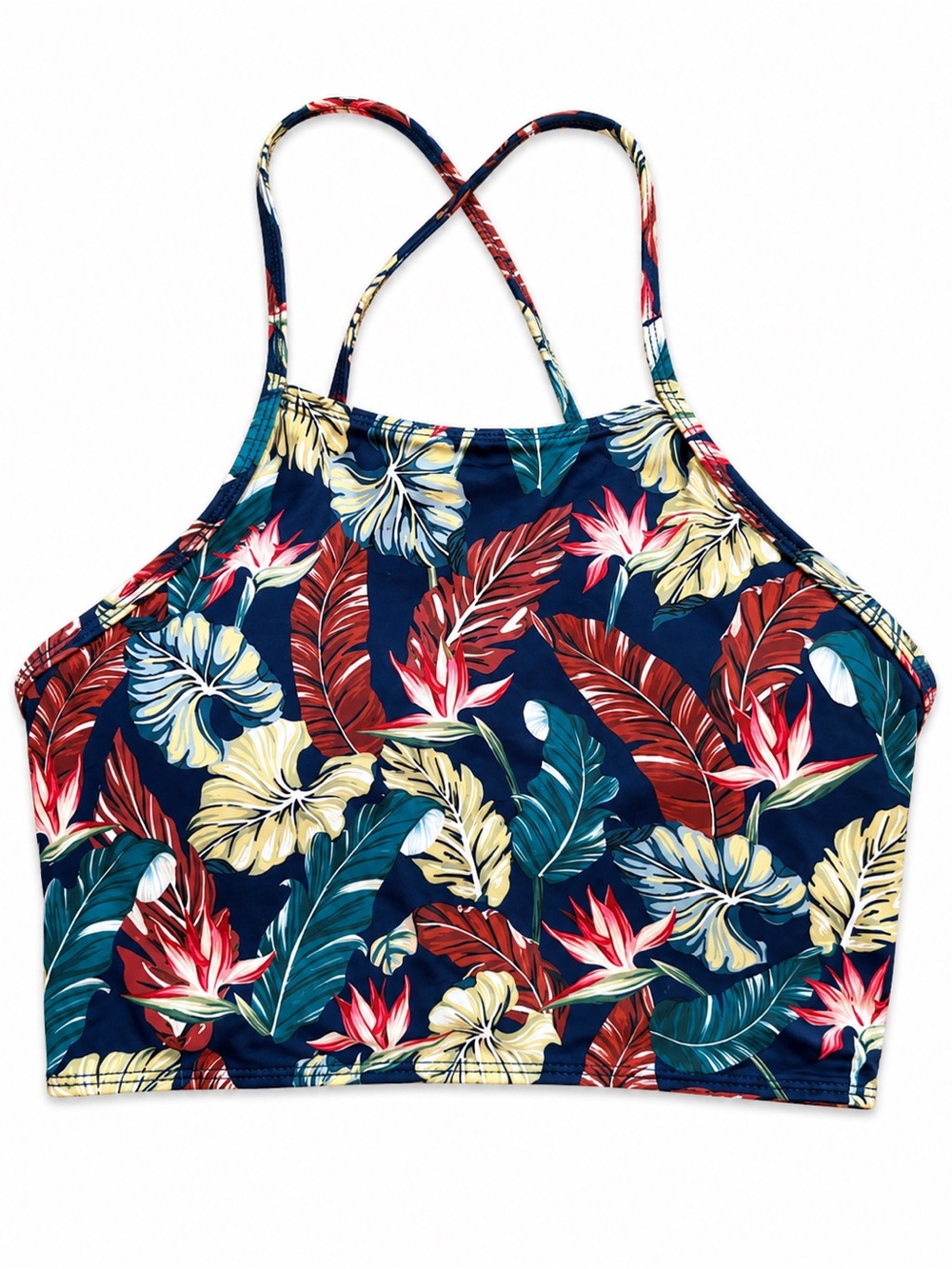 Women's Navy Tropical High-Neck Swim Top